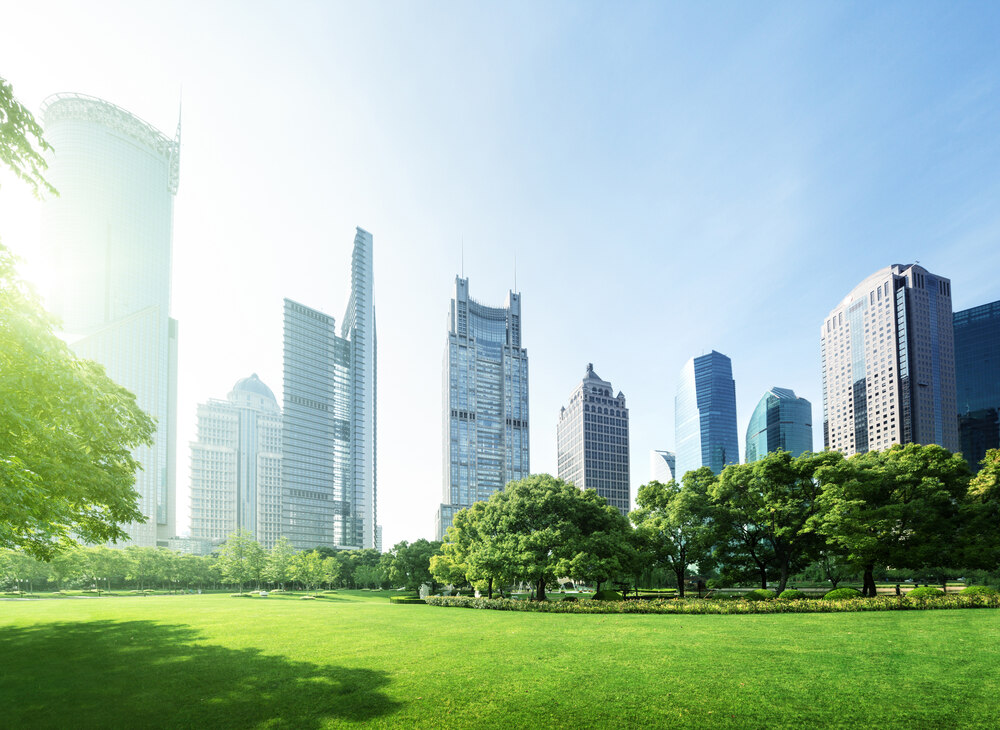 Low angle shot of skyscrapers with trees and view of the blue sky.